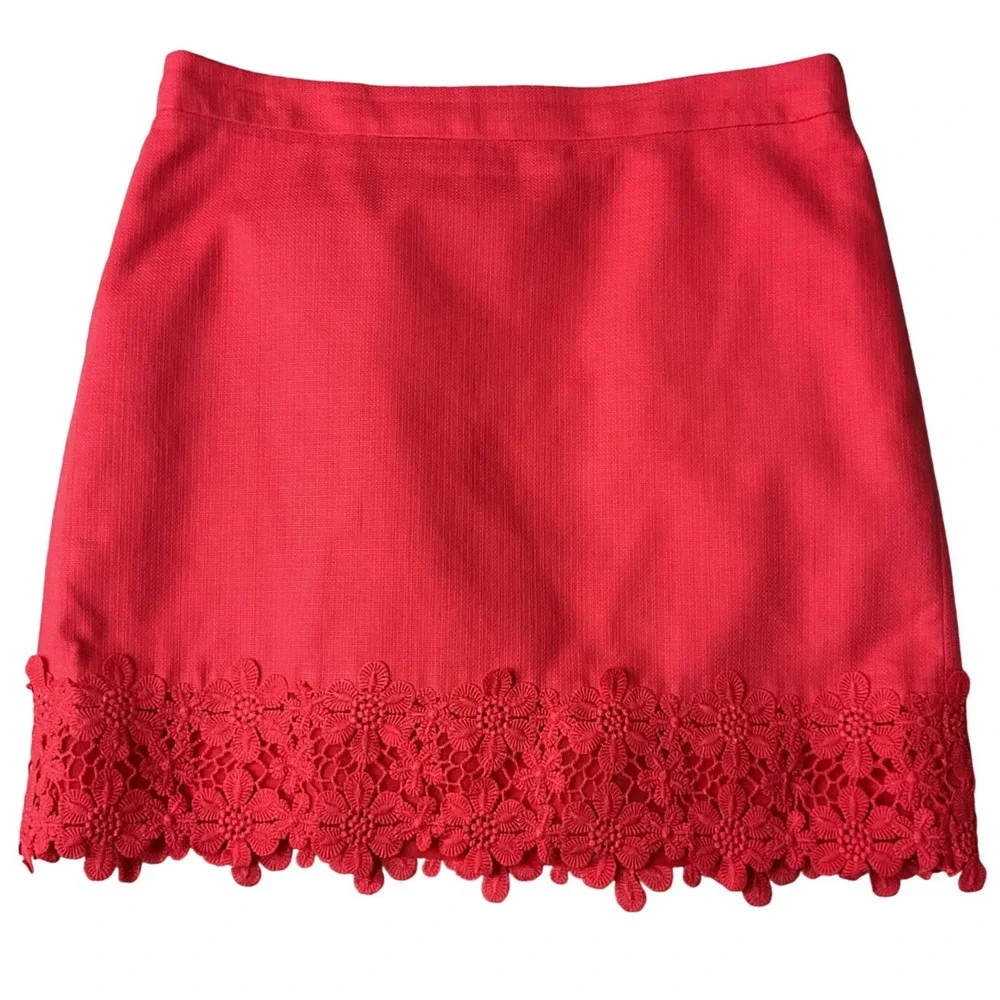J. Crew Fact  Women's Coral Embroidered Floral Detail Full Lined Mini Skirt Sz 8